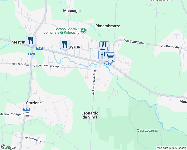 map of restaurants, bars, coffee shops, grocery stores, and more near 12 Via Leonardo da Vinci in Robegano