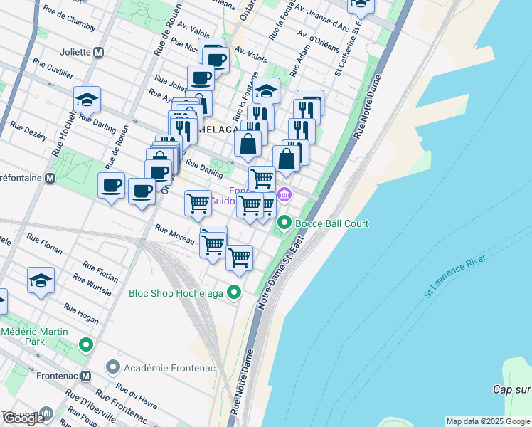 map of restaurants, bars, coffee shops, grocery stores, and more near 3252 Rue de Rouville in Montréal