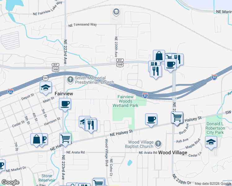 map of restaurants, bars, coffee shops, grocery stores, and more near 325 Bridge Street in Fairview