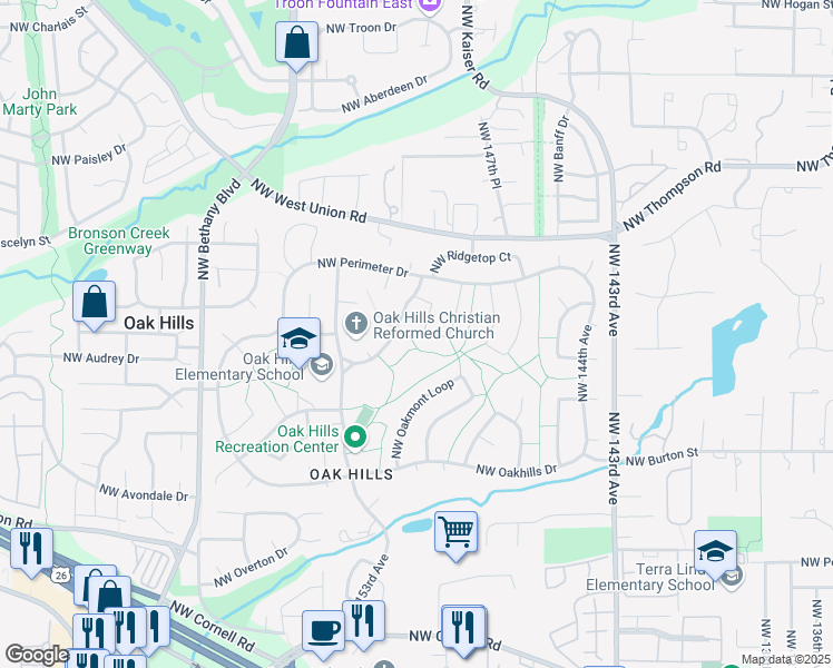 map of restaurants, bars, coffee shops, grocery stores, and more near 14950 Northwest Northumbria Lane in Beaverton