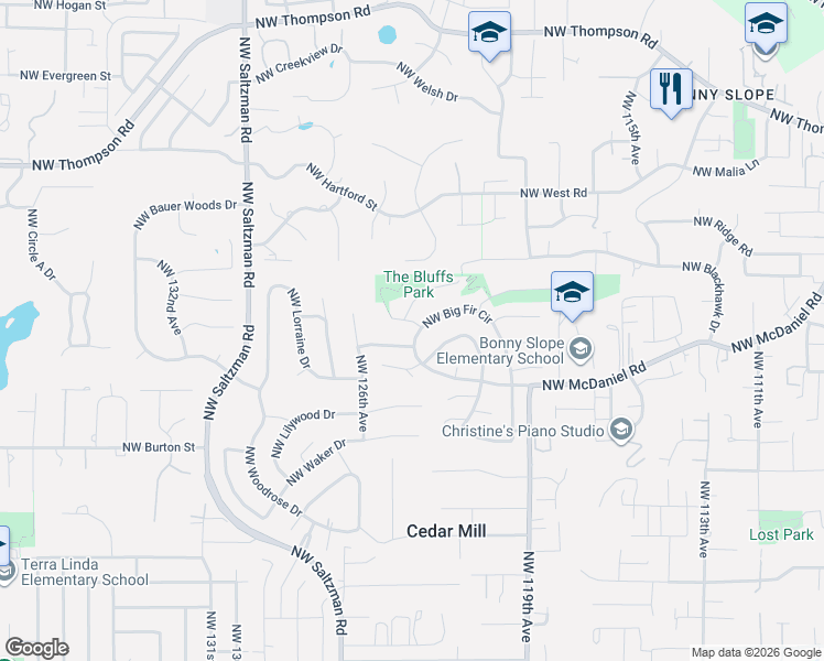 map of restaurants, bars, coffee shops, grocery stores, and more near 12395 Northwest Big Fir Circle in Portland