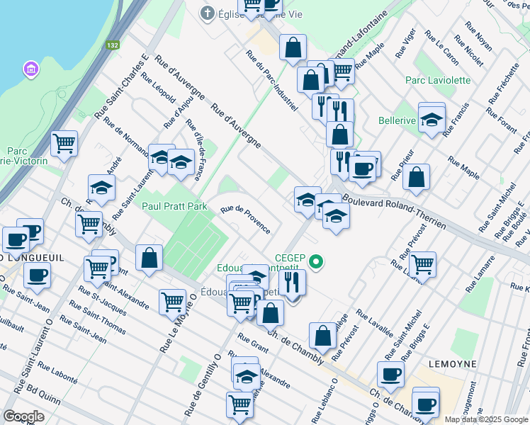map of restaurants, bars, coffee shops, grocery stores, and more near 792 Rue de Lorraine in Longueuil