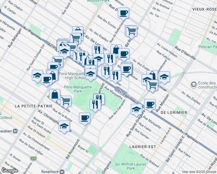 map of restaurants, bars, coffee shops, grocery stores, and more near 5863 Rue Marquette in Montreal