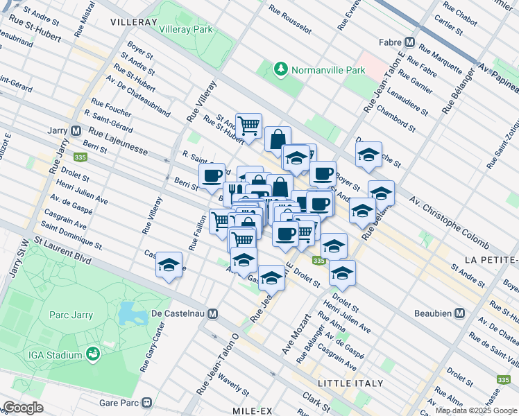 map of restaurants, bars, coffee shops, grocery stores, and more near 505 Rue de Castelnau Est in Montréal