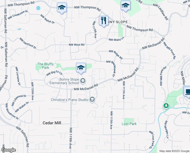 map of restaurants, bars, coffee shops, grocery stores, and more near 11535 Northwest McDaniel Road in Portland