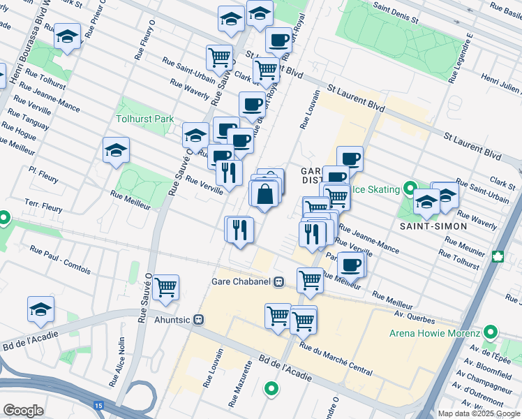 map of restaurants, bars, coffee shops, grocery stores, and more near 365 Rue de Louvain Ouest in Montréal