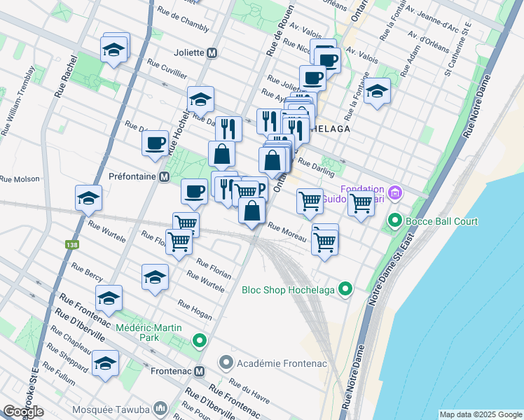 map of restaurants, bars, coffee shops, grocery stores, and more near in Montreal