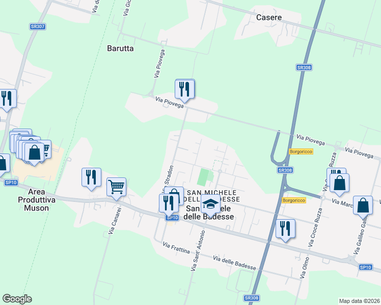 map of restaurants, bars, coffee shops, grocery stores, and more near 9 Via Menini in Borgoricco
