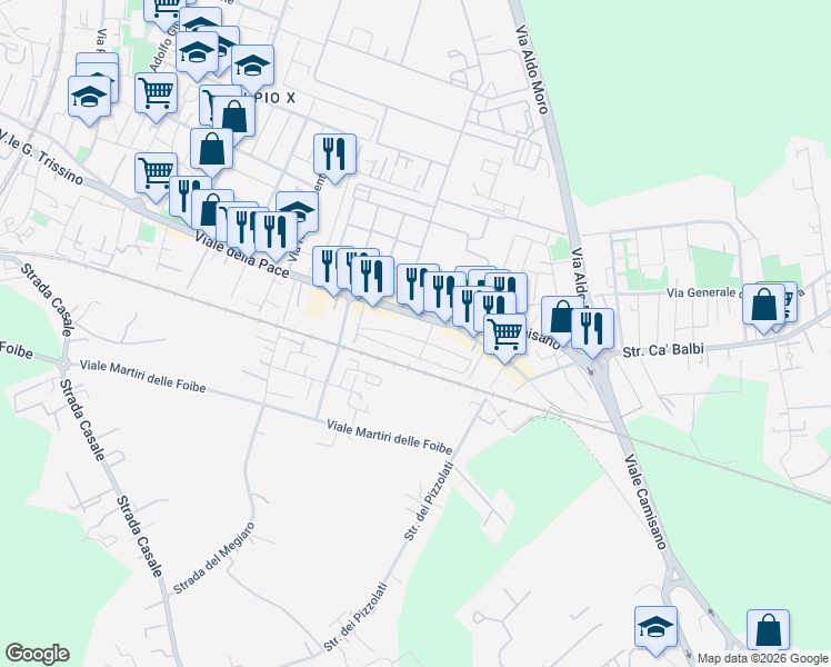 map of restaurants, bars, coffee shops, grocery stores, and more near 29 Via Giuseppe Barbieri in Vicenza