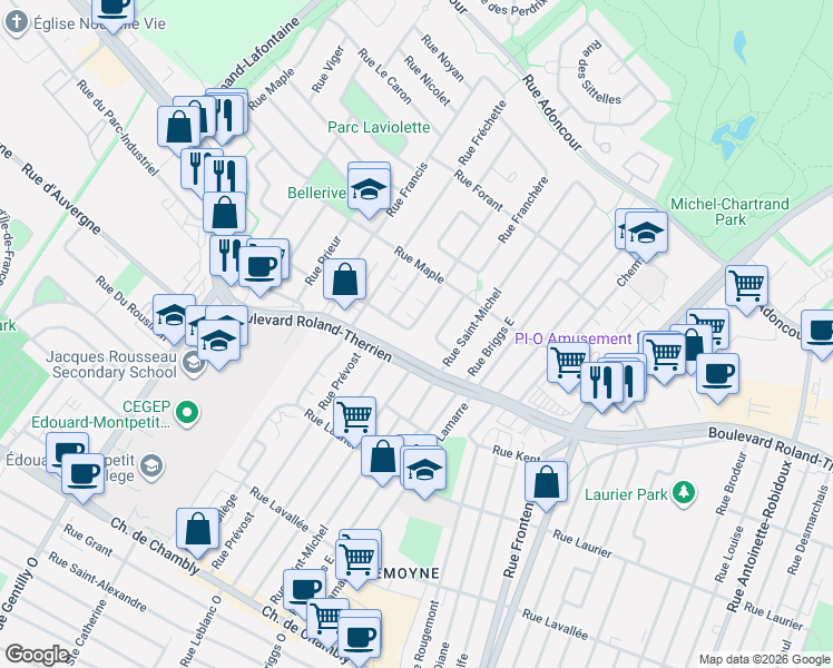 map of restaurants, bars, coffee shops, grocery stores, and more near 838 Rue Fabre in Longueuil