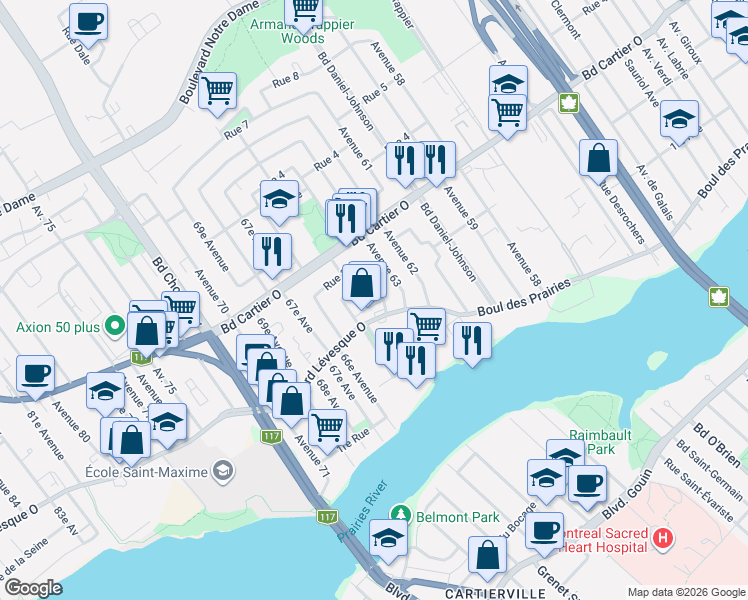map of restaurants, bars, coffee shops, grocery stores, and more near 232 64e Av in Laval