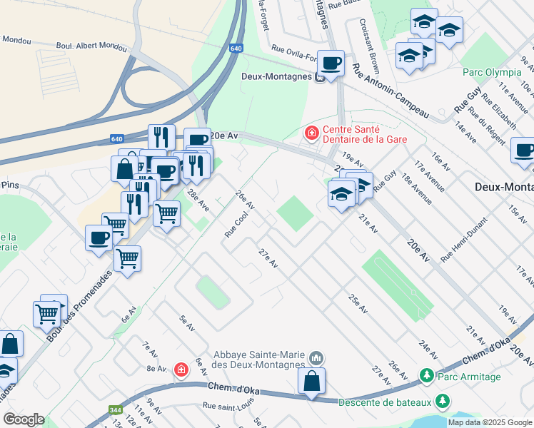 map of restaurants, bars, coffee shops, grocery stores, and more near 461 26e Avenue in Deux-Montagnes