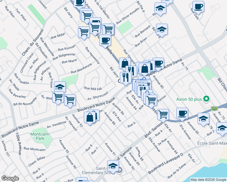map of restaurants, bars, coffee shops, grocery stores, and more near 1032 Avenue Shorecrest in Laval