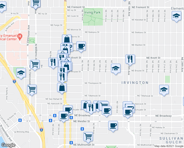 map of restaurants, bars, coffee shops, grocery stores, and more near 2406 Northeast 9th Avenue in Portland