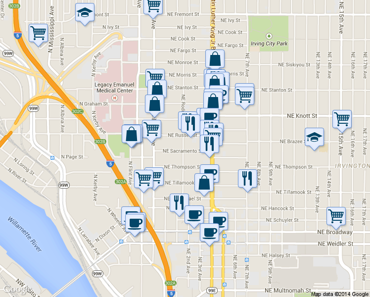 map of restaurants, bars, coffee shops, grocery stores, and more near 103 Northeast Sacramento Street in Portland