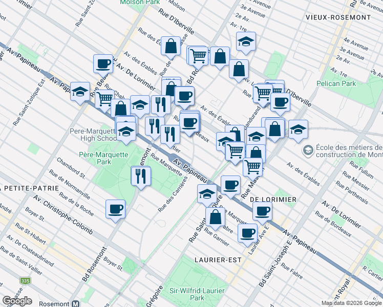 map of restaurants, bars, coffee shops, grocery stores, and more near 1889 Rue des Carrières in Montréal