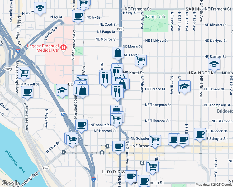 map of restaurants, bars, coffee shops, grocery stores, and more near in Portland
