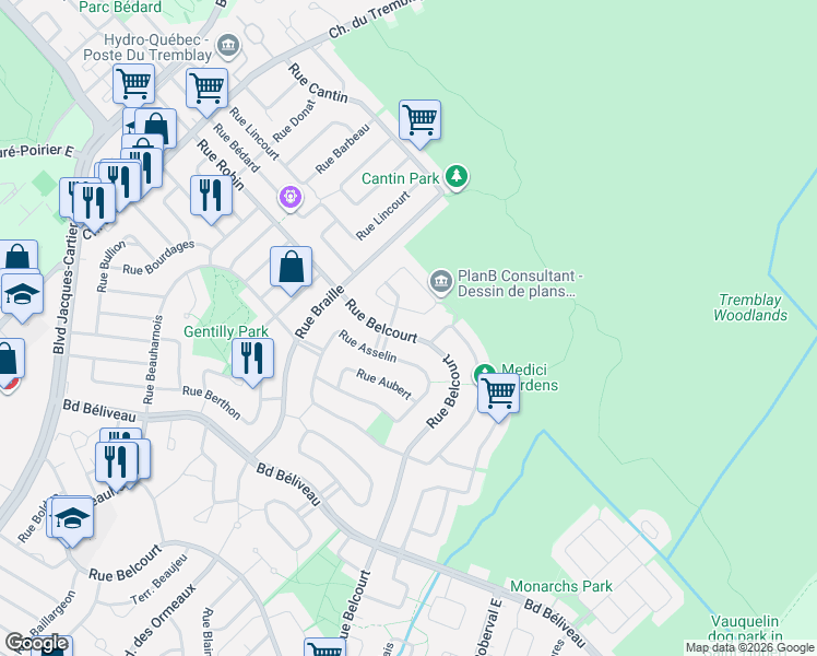 map of restaurants, bars, coffee shops, grocery stores, and more near 3732 Rue Belcourt in Longueuil