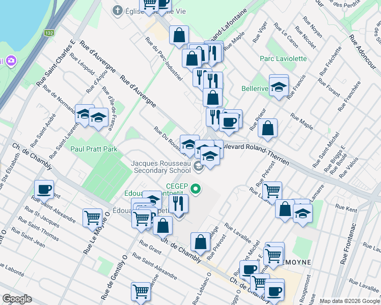 map of restaurants, bars, coffee shops, grocery stores, and more near 785 Rue Du Rousillon in Longueuil
