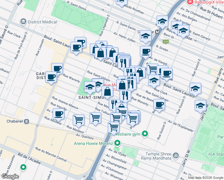 map of restaurants, bars, coffee shops, grocery stores, and more near 8832 Rue de Reims in Montréal