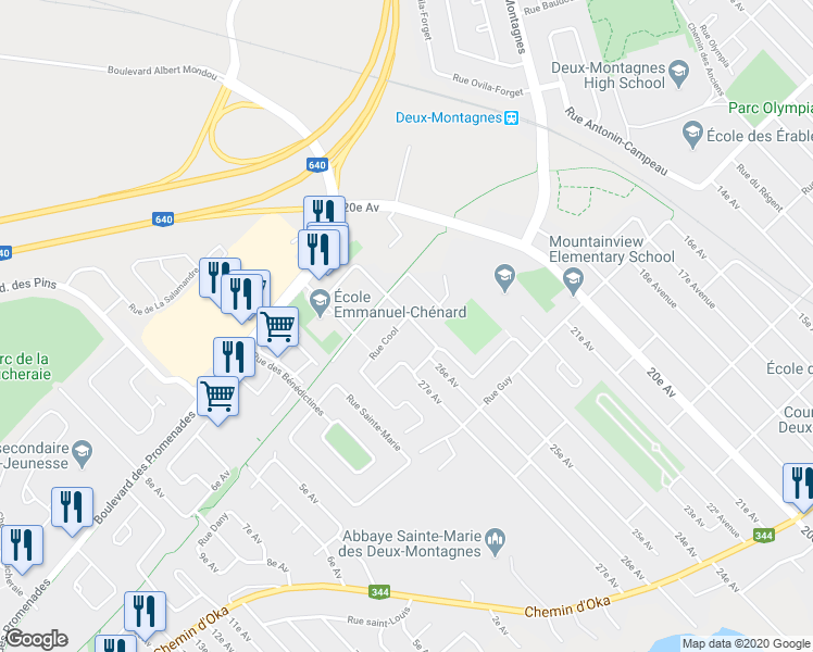 map of restaurants, bars, coffee shops, grocery stores, and more near 496 26e Avenue in Deux-Montagnes