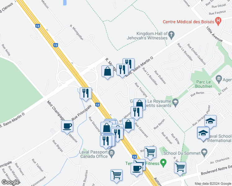 map of restaurants, bars, coffee shops, grocery stores, and more near 1380 Rue Blériot in Laval