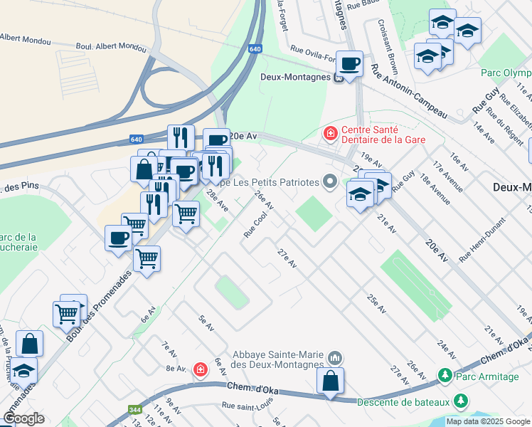 map of restaurants, bars, coffee shops, grocery stores, and more near 2715 Rue Cool in Deux-Montagnes