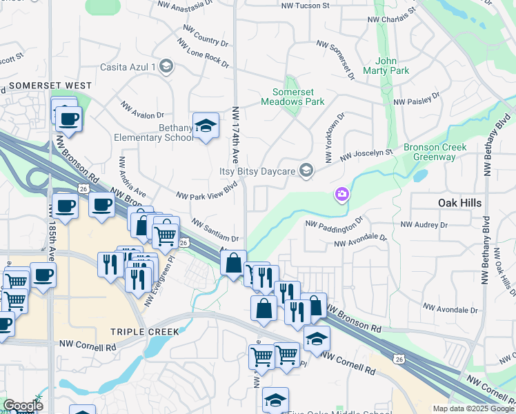 map of restaurants, bars, coffee shops, grocery stores, and more near 2810 Northwest 173rd Terrace in Beaverton