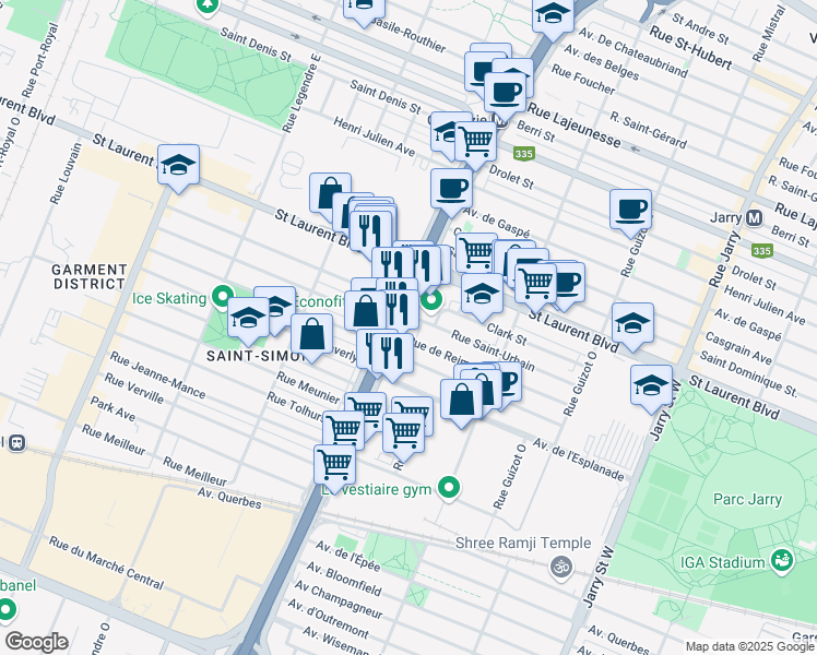 map of restaurants, bars, coffee shops, grocery stores, and more near 110 Boulevard Crémazie Ouest in Montréal