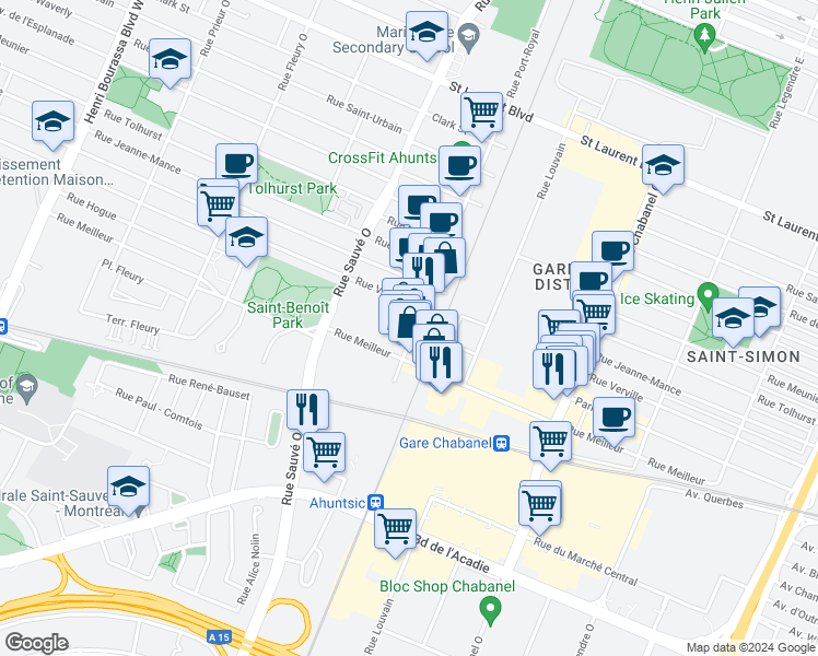 map of restaurants, bars, coffee shops, grocery stores, and more near 435 Rue de Port-Royal Ouest in Montréal