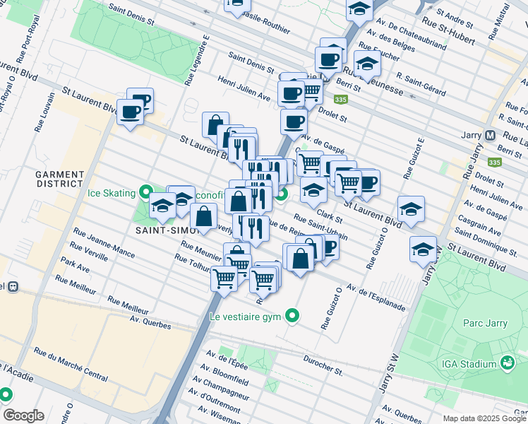 map of restaurants, bars, coffee shops, grocery stores, and more near 110 Boulevard Crémazie Ouest in Montréal