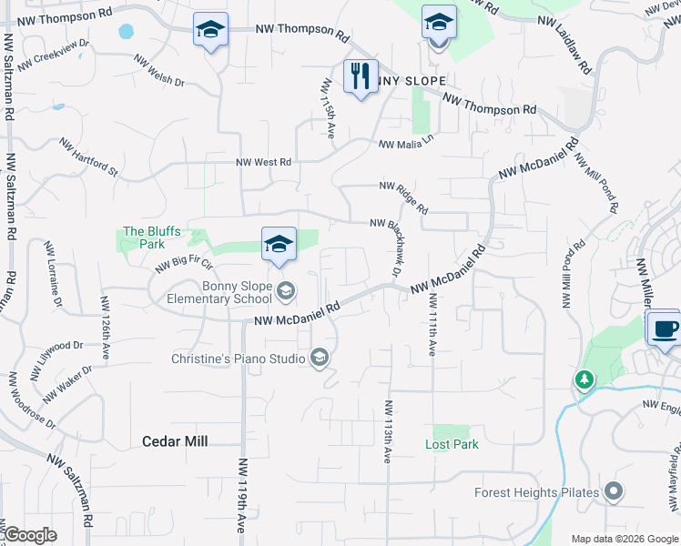 map of restaurants, bars, coffee shops, grocery stores, and more near 2873 Northwest 114th Terrace in Portland