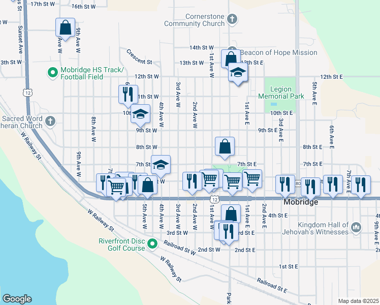 map of restaurants, bars, coffee shops, grocery stores, and more near 706 2nd Avenue West in Mobridge