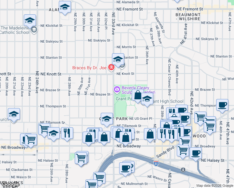 map of restaurants, bars, coffee shops, grocery stores, and more near Grant Park Path in Portland