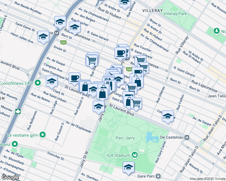 map of restaurants, bars, coffee shops, grocery stores, and more near 67 Rue Jarry Est in Montréal