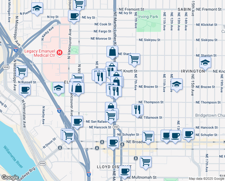 map of restaurants, bars, coffee shops, grocery stores, and more near in Portland