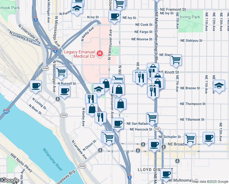 map of restaurants, bars, coffee shops, grocery stores, and more near 2404 North Vancouver Avenue in Portland
