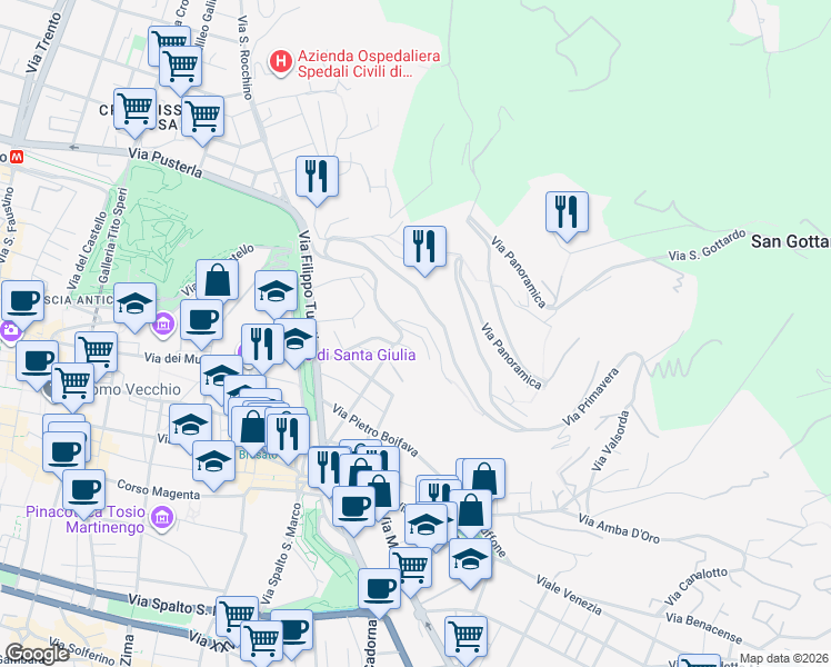 map of restaurants, bars, coffee shops, grocery stores, and more near 18 Via Panoramica dei Ronchi in Brescia