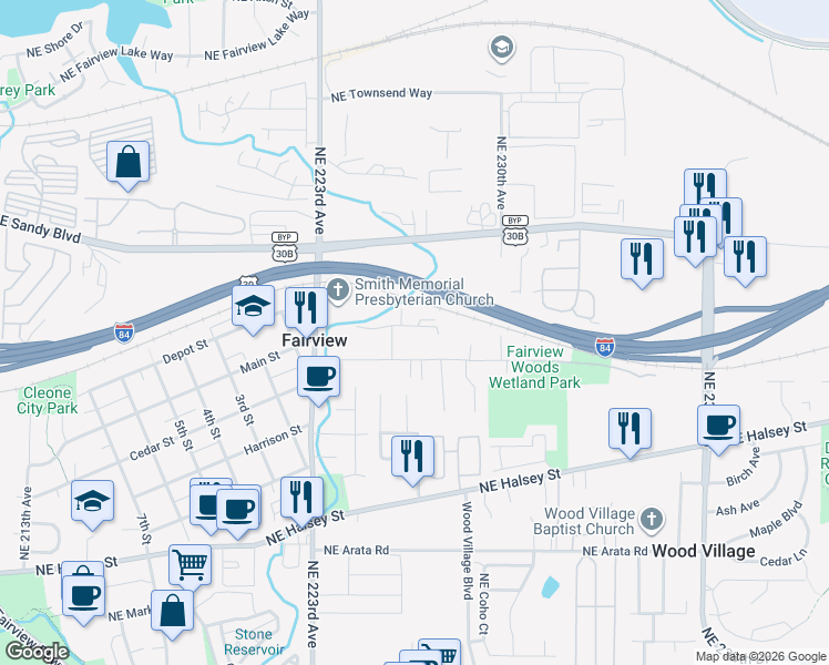 map of restaurants, bars, coffee shops, grocery stores, and more near 204 Crestwood Street in Fairview