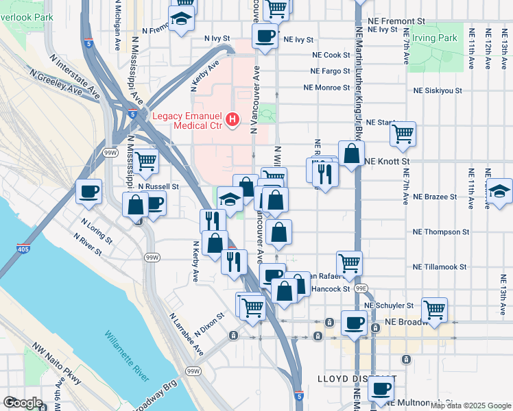 map of restaurants, bars, coffee shops, grocery stores, and more near 2405 North Vancouver Avenue in Portland