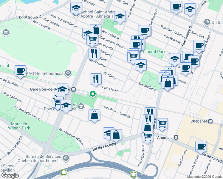 map of restaurants, bars, coffee shops, grocery stores, and more near 10370 Terrasse Fleury in Montreal