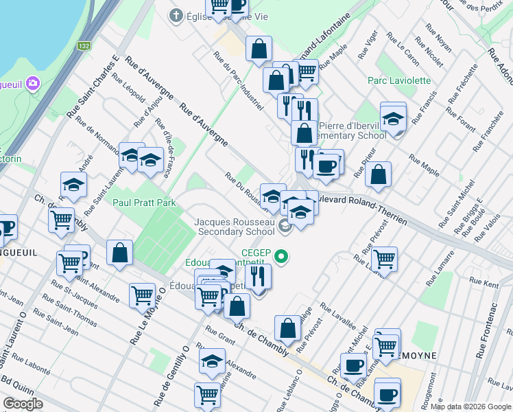 map of restaurants, bars, coffee shops, grocery stores, and more near 760 Rue du Roussillon in Longueuil