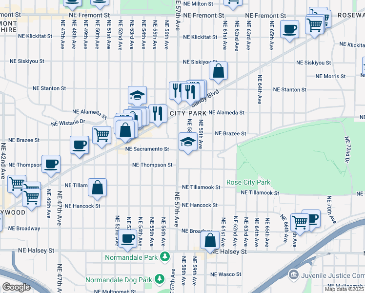 map of restaurants, bars, coffee shops, grocery stores, and more near 5715 Northeast Sacramento Street in Portland