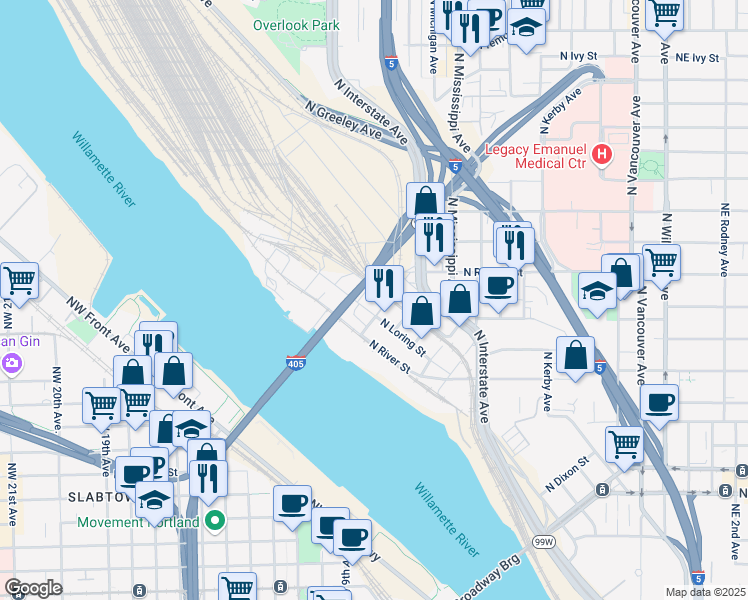 map of restaurants, bars, coffee shops, grocery stores, and more near 2335 North Harding Avenue in Portland