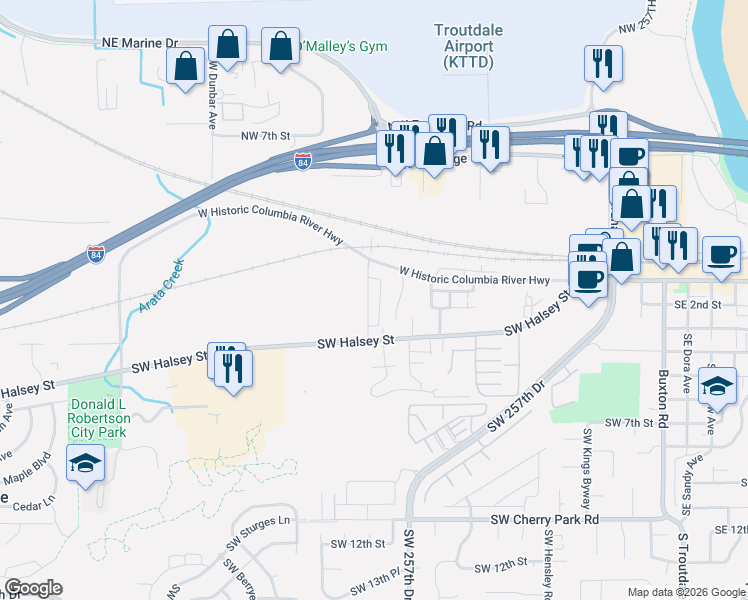 map of restaurants, bars, coffee shops, grocery stores, and more near 178 Southwest Lancaster Court in Troutdale