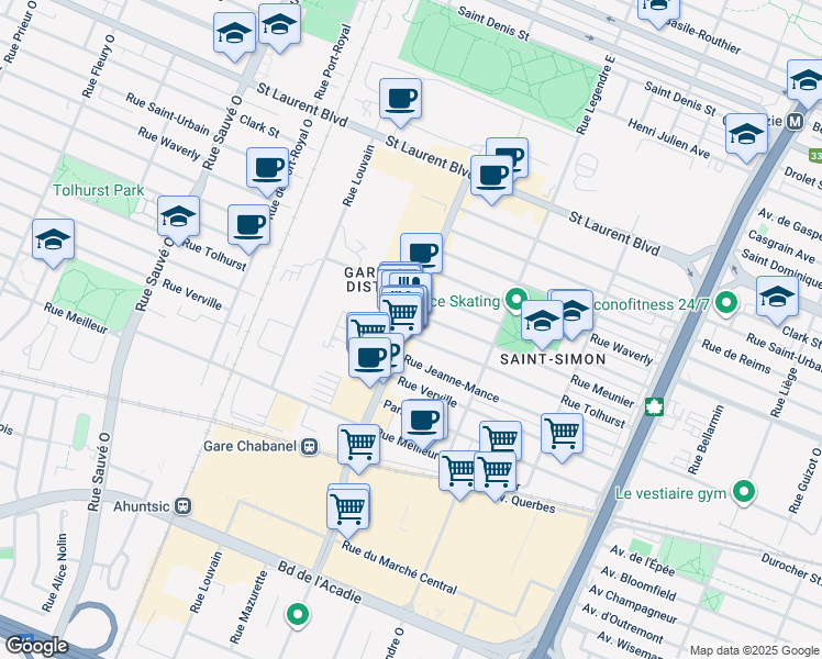 map of restaurants, bars, coffee shops, grocery stores, and more near in Montréal