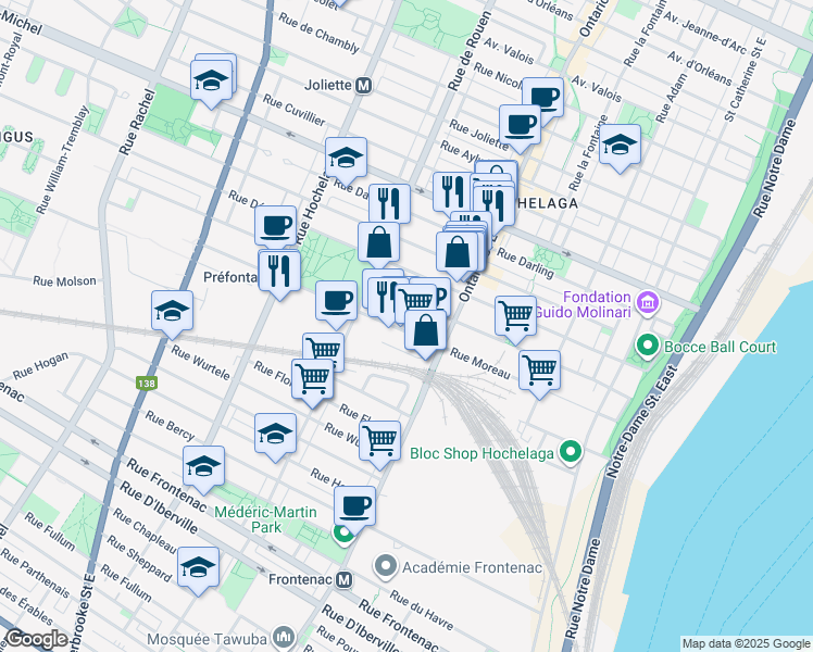map of restaurants, bars, coffee shops, grocery stores, and more near 2087 Rue Moreau in Montréal
