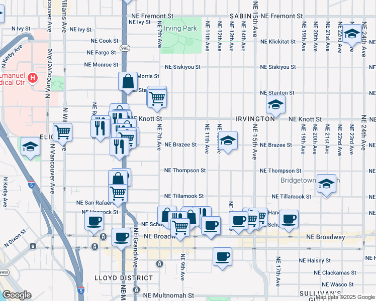 map of restaurants, bars, coffee shops, grocery stores, and more near 2430 Northeast 9th Avenue in Portland