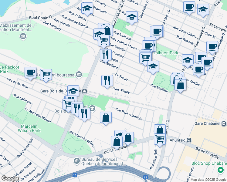 map of restaurants, bars, coffee shops, grocery stores, and more near 10460 Terrasse Fleury in Montréal