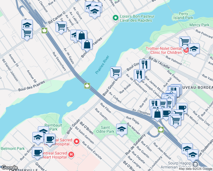 map of restaurants, bars, coffee shops, grocery stores, and more near 3667 Boulevard Gouin Ouest in Montréal